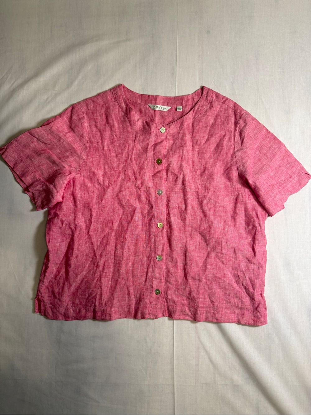 Orvis 100% Linen Shirt Blouse Womens Large Pink Short Sleeve Button Front Top